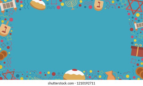 Frame with Hanukkah holiday flat design icons. Template with space for text, isolated on background.