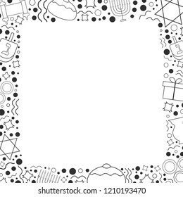 Frame with Hanukkah holiday flat design black thin line icons. Template with space for text, isolated on background.
