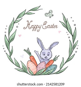 Frame Happy Easter bunny, green leaves and twigs