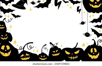 Frame Happy Halloween. Vector black border with characters pumpkins and bats.