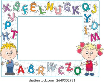 Quadro com feliz menino de escola e estudante de primeira série e letras de cartoons engraçadas do livro ABC com alfabeto para a escola primária, ilustração vetorial em um fundo branco