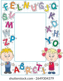 Quadro com feliz menino de escola e estudante de primeira série e letras de cartoons engraçadas do livro ABC com alfabeto para a escola primária, ilustração vetorial em um fundo branco