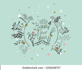 frame with happy new year lettering and wreath crown