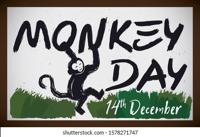 Frame with happy primate drawing, balancing in the letters over the forest and celebrating Monkey Day this 14th December.