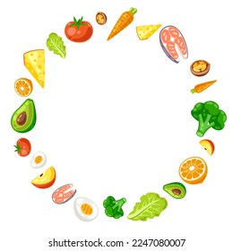 Frame with healthy eating and diet meal. Fruits, vegetables and proteins for proper nutrition.