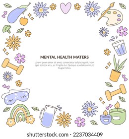 Frame with healthy lifestyle elements on a white background. The main elements are food, fitness, sleep, plenty of water, hobbies, fresh air and relaxation. mental health. Vector.