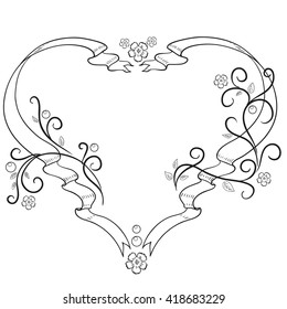 Frame heart for lovers. Vector pattern with ribbons and flowers.