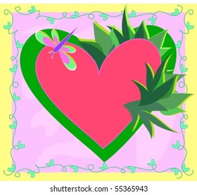 Frame of Heart, Plants, and Dragonfly Vector