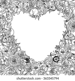 frame in heart shape. Zentangle interpretation. Black and white. Vector illustration. The best for your design, textiles, posters, coloring book or Valentines Day and wedding card