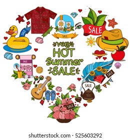 Frame heart shaped objects from the summer holiday resort and attributes. Elements for design of advertising products, stores, travel agencies.