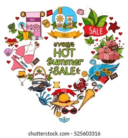 Frame heart shaped objects from the summer holiday resort and attributes. Elements for design of advertising products, stores, travel agencies.