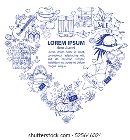 Frame heart shaped objects from the summer holiday resort and attributes. Elements for design of advertising products, stores, travel agencies.