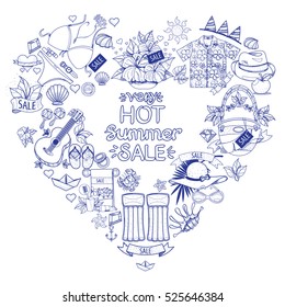 Frame heart shaped objects from the summer holiday resort and attributes. Elements for design of advertising products, stores, travel agencies.