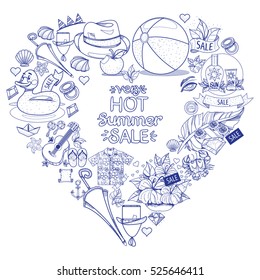 Frame heart shaped objects from the summer holiday resort and attributes. Elements for design of advertising products, stores, travel agencies.