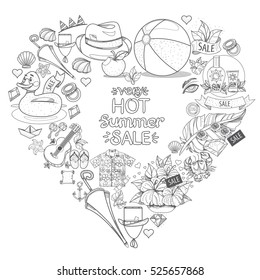 Frame heart shaped objects from the summer holiday resort and attributes. Elements for design of advertising products, stores, travel agencies.