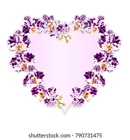 Frame Heart shaped orchids Phalaenopsis spotted purple and white  flowers tropical plants  vintage vector botanical illustration for design editable hand draw 