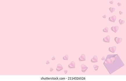 Frame of hearts flying out of the envelope. Part of a frame made from hearts in an envelope. Hearts and an envelope in paper cut style. Pink and purple color. A simple composition for Valentine's Day.