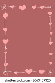 Un marco de corazones colgando de hilos. Garland de corazones en una cuerda. Diseñar elementos para una tarjeta de boda o una tarjeta de San Valentín. Ilustración vectorial, estilo plano.