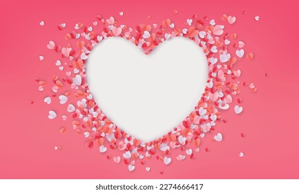 Frame hearts. Love paper origami shapes, pink and white confetti. Valentine day or birthday border, happy wedding decoration. Web banner backdrop. Poster template. Vector exact design background