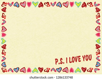 Frame of hearts on yellow background with text "P.S. I love you". Perfect for romantic concept, Valentine's Day, congratulations, recognition. Vector with noise and texture, marble textured backdrop.