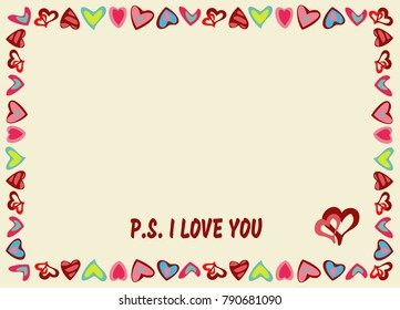 Frame of hearts on a yellow background with text "P.S. I love you". Perfect for your romantic concept, Valentine's Day, congratulations, recognition, as element design cards. Vector illustration.
