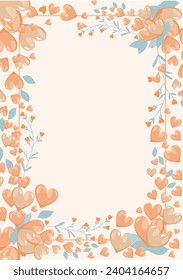 Frame with hearts in peach color, frame design for Valentine's Day, wedding, vector illustration. Sentimental design, Love theme, Romantic 