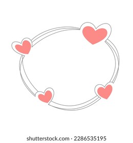 Frame with hearts round shape. Thin line art. Romantic decorations for simple design and element for holiday template or wedding postcard. Vector illustration isolated on white background.