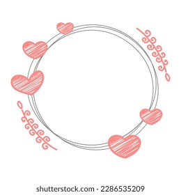 Frame with hearts round shape. Thin line art. Romantic decorations for simple design and element for holiday template or wedding postcard. Vector illustration isolated on white background.