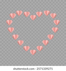 frame of hearts, a wreath of many layered pink hearts cut out of paper. vector illustration isolated on a pink backdrop. heart-shaped element for background, card, greeting, invitation, poster, banner