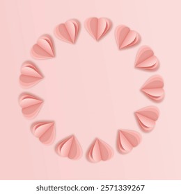 frame of hearts, wreath from a lot of paper cut layered pink hearts. vector illustration isolated on a pink gradient backdrop. round element for background, card, greeting, invitation, poster, banner