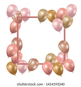 frame with helium balloons on white background