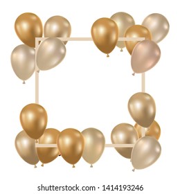 frame with helium balloons on white background