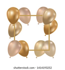 frame with helium balloons on white background
