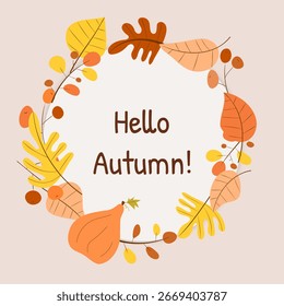 Marco Hola Otoño con hojas, bayas, calabaza, fondo de Vector