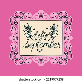 frame of hello september with decorations