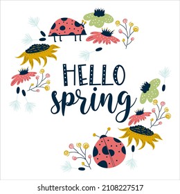 Frame hello spring with ladybug, flowers isolated on white background.Sunflower and insects with branches and flowers. Vector illustration in flat style