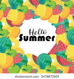 Frame hello summer and fruit background 