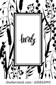 Frame with herbs and cereal grass silhouettes. Floral design of meadow plants.