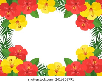 Frame with hibiscus and palm leaves