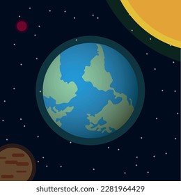 Frame with the highlighted earth floating in space with planets, the sun and small stars in the background