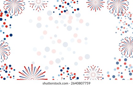 Frame for the holiday in three colors, red, white, blue. Confetti falls on the background. Festive fireworks and Carnival confetti isolated on a white background. Vector illustration.