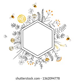 Frame with honey flowers and bees. Cartoon vector illustration
