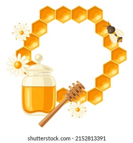 Frame with honey items. Image for food and agricultural industry.