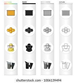 Frame with honeycomb, apiary, honeycomb wax, beekeeper in protective suit, smoke, Apiary set collection icons in cartoon black monochrome outline style vector symbol stock illustration web.