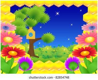 The frame of honeycomb, tree standing on a green meadow with birdhouse and blue bird