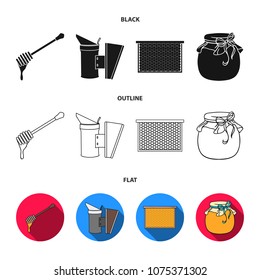 A frame with honeycombs, a ladle of honey, a fumigator from bees, a jar of honey.Apiary set collection icons in black,flat,outline style vector symbol stock illustration web.