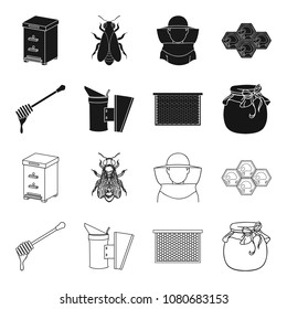 A frame with honeycombs, a ladle of honey, a fumigator from bees, a jar of honey.Apiary set collection icons in black,outline style vector symbol stock illustration web.