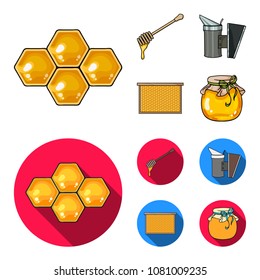 A frame with honeycombs, a ladle of honey, a fumigator from bees, a jar of honey.Apiary set collection icons in cartoon,flat style vector symbol stock illustration web.