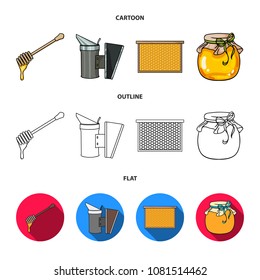 A frame with honeycombs, a ladle of honey, a fumigator from bees, a jar of honey.Apiary set collection icons in cartoon,outline,flat style vector symbol stock illustration web.