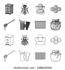 A frame with honeycombs, a ladle of honey, a fumigator from bees, a jar of honey.Apiary set collection icons in outline,monochrome style vector symbol stock illustration web.